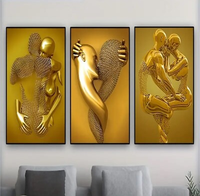 #ad 3 Pieces Canvas Wall Art 3D Wall Art Grey amp; Gold Hugging Couple Wall Design A $26.50