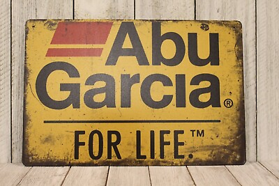#ad Abu Garcia Tin Metal Poster Sign Rustic Vintage Look Fishing Rod Reel Fish XZ $10.97