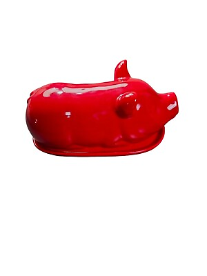 #ad Red Barnyard Pig Covered Butter Dish Ceramic Farmhouse Country Kitchen Decor $18.99