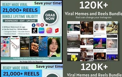 #ad 21K Reels120K Memes for Insta FB Tiktok YouTube amp; Pinterest Bundles $4.00