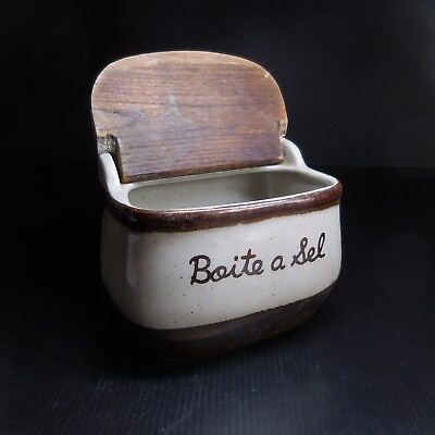 Box Salt Ceramic Wood Grey Beige Brown Vintage Art Deco Kitchen France N7303 $305.63