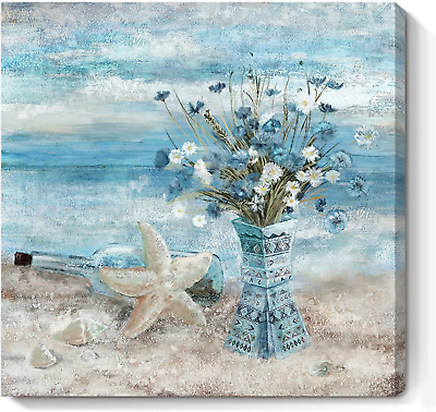 #ad Bathroom Decor Wall Art Blue Beach Picture Ocean Theme Flower $24.99