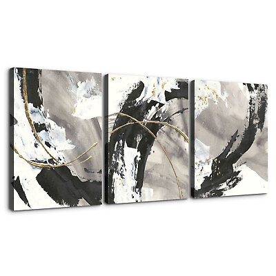 #ad Black and White Abstract Painting 3 Piece Canvas Wall Art Picture Poster Home De $29.99