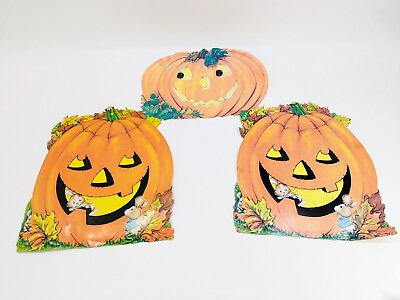 #ad 3 jack o#x27; lanterns and mice diecuts #x27;80s Halloween wall decorations $45.95