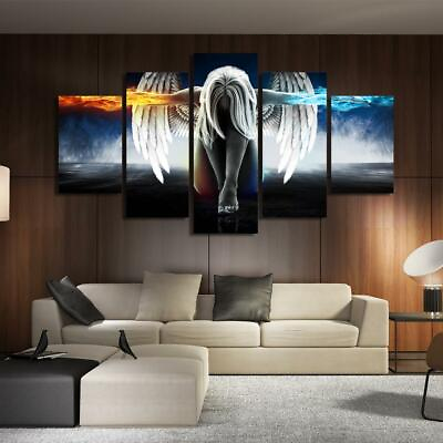 #ad Anime Angel Girl Wings Fire amp; Ice Framed 5 Piece Canvas Wall Art Painting Print $119.00
