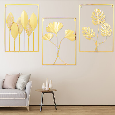 #ad 3pcs Gold Metal Wall Art Large Leaf Frame Accent Leaves Sculpture Home Decor $43.89