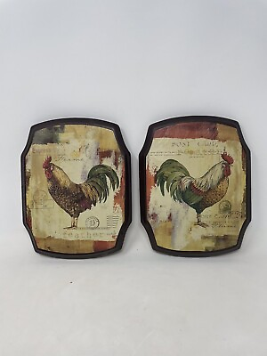 #ad Rooster Wood Wall Art Plaques Set Of Two Farm House Country Decor 9x7 $14.00