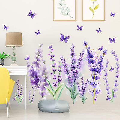 #ad Removable Purple Lavender Wall Decals Purple Flowers Butterfly Wall Stickers DIY $19.58