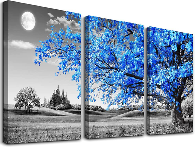 #ad Wall Art For Living Room black and white Blue tree moon Canvas $40.99