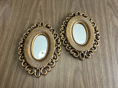 #ad Vintage Pair of Ornate Oval Rattan Style Wall Decor Mirrors Homco Dart #2615 $19.99