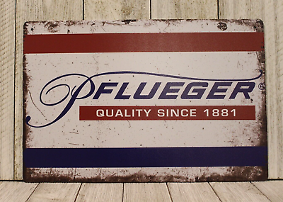 #ad Pflueger Tin Metal Poster Sign Rustic Vintage Look Fishing Rod Reel Fish $10.97