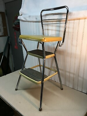 #ad Vtg rustic Steel Cosco 3 Step Stool Kitchen Yellow Vinyl Country Cottage $139.50