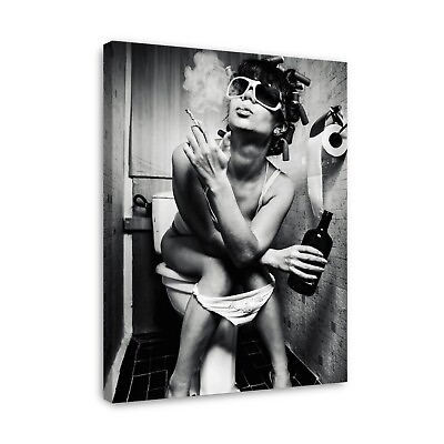 #ad Bathroom Wall Art Girl Sitting On Toilet Smoking and Drinking Ready to Hang $188.19