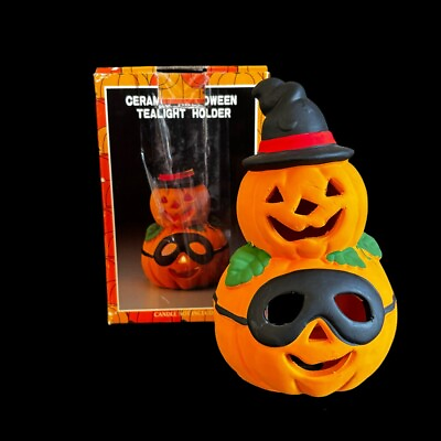 #ad Vintage Halloween Pumpkin Time Ceramic Tealight Candle Holder Kmart Decor 90s $15.00