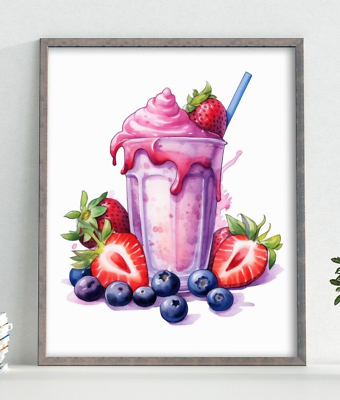 #ad #ad Strawberry Milkshake Wall Art Print Berries Milkshake Kitchen Decor Wall Art $9.99