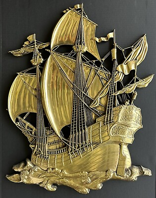 #ad Vintage Wall Hanging Pirate Ship Galleon Gold Large Plastic Natical Decor HOMOCO $85.00