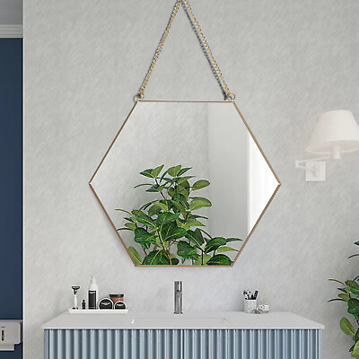 #ad Wall Hanging Hexagon Mirror Gold Geometric Mirror With Chain For Bathroom Decor $19.96