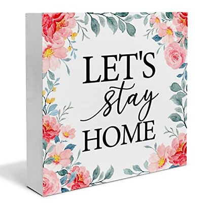 #ad Rustic Home Wood Box Sign Art Desk Decor Let#x27;s Stay Home Farmhouse Wood Block... $13.85