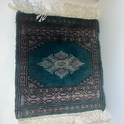 #ad Vintage Oriental Rug Carpet Mat Small 12” x 14” Fringe Green Blue $40.99