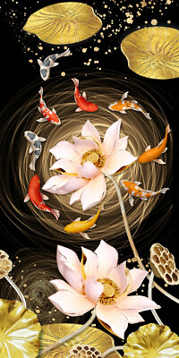 #ad Wall Art Canvas Prints Gold Abstract Feng Shui Koi Fish Painting Lotus Decor Pic $94.90