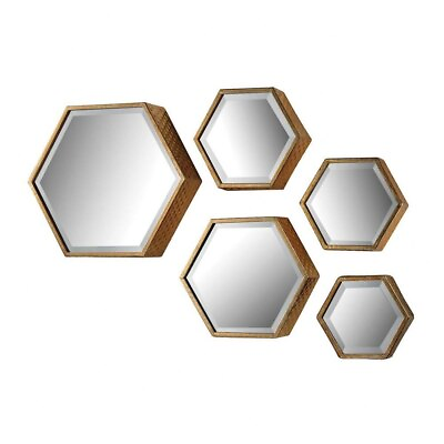 #ad Beveled Hexagon Wall Decor Mirror Set in Honeycomb Embossed Gold Metal Frame 16 $399.93