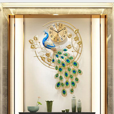 #ad 36.6quot; Luxury Peacock Large Wall Clock 3D Metal Living Room Home Decor Wall Watch $78.80
