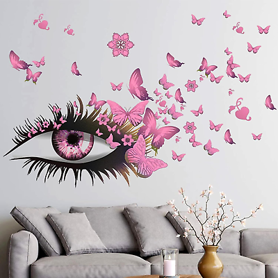 #ad Creative Beautiful Girl Eyes Wall Sticker Pink Flying Butterfly Wall Decals Gi $16.48