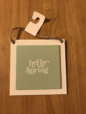 #ad NEW Hello Spring Green Square Wooden Hanging Sign Plaque 4 1 2quot; Target Decor $3.10