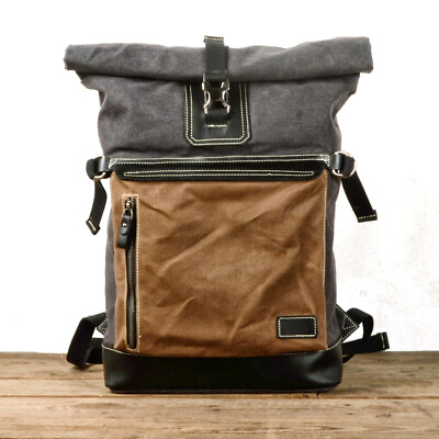 #ad Retro Canvas Backpack Large capacity Travel Bag Computer Bag Stitching Leather $128.21