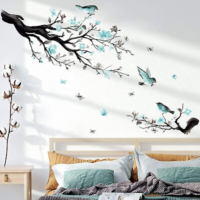#ad Watercolor Blue Flower Wall Decals Blossom Bird Tree Branch Wall Stickers Liv... $21.96