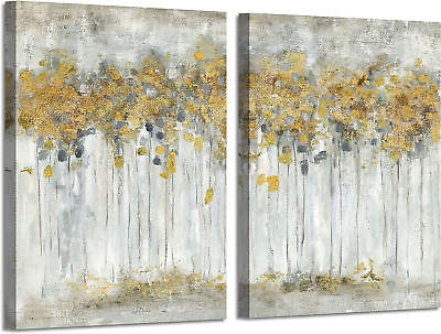 #ad #ad Abstract Forest Canvas Picture Artwork: Golden Autumn Tree Wall Art Printed on C $74.66