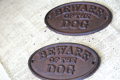 2 BEWARE OF THE DOG SIGNS RUSTIC DECOR FENCE KENNEL GATE SIGN CAST IRON WARNING $23.99
