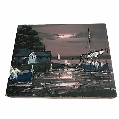 #ad Navy Art Night Moon Ocean Boat painting Oil On canvas 8 11” Signed VTG $59.99