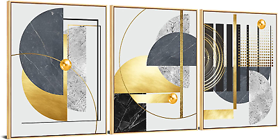 #ad #ad 3Pcs Abstract Canvas Wall Art Framed Large Grey Black and Gold Foil Wall Decor $87.99