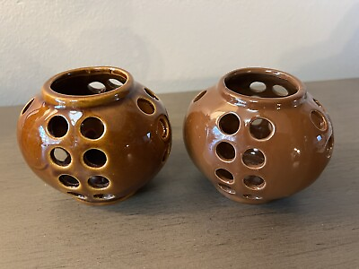 #ad 2 Mid Modern Candle Holder Brown Pottery Unique Perforated Design Vintage Votive $10.99