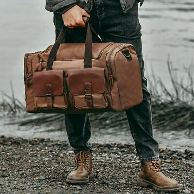 #ad Retro Canvas Travel Duffle Bag Men Travel Bags Hand Luggage Bag Leather Shoulder $22.49