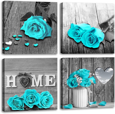 #ad Wall Decor for Living Room Teal Blue Rose Flower Bathroom Decor Black and White $122.04