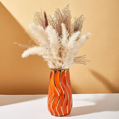 #ad Flower Vase Ceramic Orange Modern Small Striped Round Home Decor Free Stand $45.00