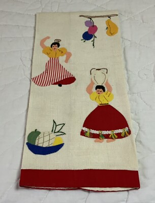 #ad Vintage Kitchen Or Show Towel Appliquéd Ladies Fruit Jugs Linen $12.25