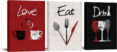 #ad 3 Piece Red Kitchen Decor Love Eat Drink Canvas Wall Art Pcitures Set Dinning Ro $87.60