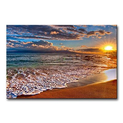#ad Wall Art Painting Beach Sunrise White Wave Prints On Canvas The Picture Seasc... $56.19