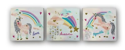 #ad Arthouse Glitter Rainbow Unicorn Wall Art Set of Three Canvas $30.67