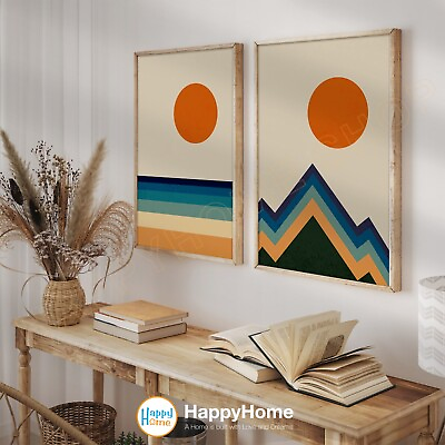#ad Sun Beach Mountain Abstract Wall Art Set of 2 Geometric Abstract Art Decor P552 $453.95