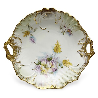 #ad Vintage CT Carl Tielsch Germany Purple Yellow Floral Gilt Porcelain Shallow Bowl $62.99