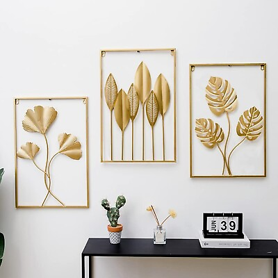 #ad MAIKAILUN 3 Pack Gold Metal Wall Art for Living Room Large Leaf Frame Accent... $111.68