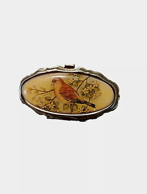 #ad VTG Small Metal Pill Hinged DIvided Box Bird On Branch Top 2 1 4quot;Lx1 1 4quot;W×5 8quot;H $7.49