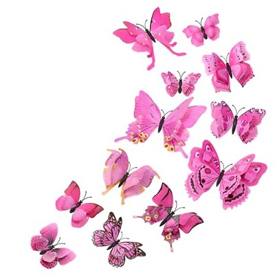 #ad 12PCS Double Wings 3D Butterfly Wall Stickers Decals DIY Art Crafts Pink $12.13