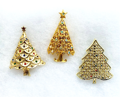 #ad Vintage LOT OF THREE CHRISTMAS TREE PINS Rhinestone Costume JEWELRY Pins 23 8R $29.97