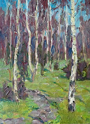 #ad Original Painting Vintage Home Decor Wall Art Nature Artwork Forest Birch Grove $176.00