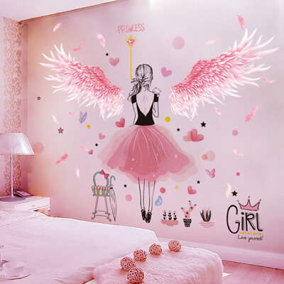 #ad PINK FEATHERS WINGS WALL STICKERS DIY CARTOON GIRL WALL DECALS FOR KIDS BEDROOM $22.68